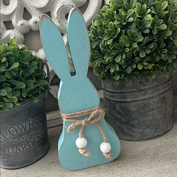 Boho Farmhouse aqua blue Wooden Bunny Decor - Picture 8 of 12